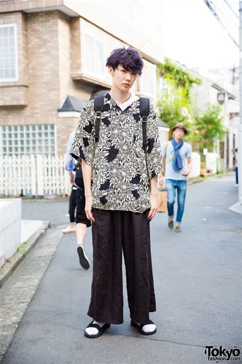 Purple Haired Harajuku Guy In Floral Print Shirt Wide Leg Pants