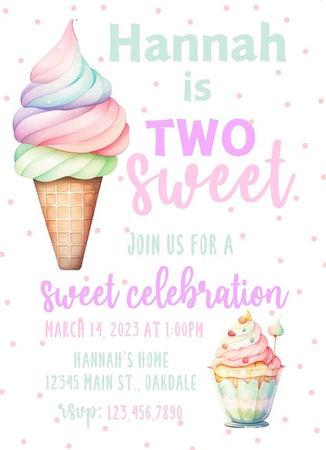 Editable Two Sweet Birthday Invitation Template Ice Cream Birthday