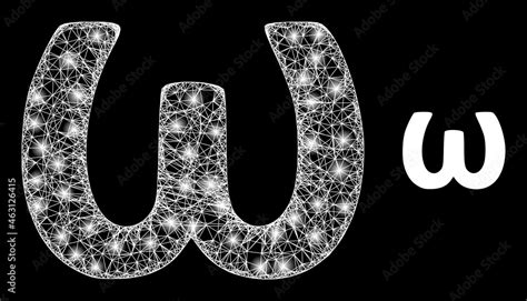 Magic mesh vector Omega Greek lowercase symbol with glare effect. White ...