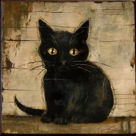 Folk Art Digital Cat Folk Black Cat Kitten Print Farmhouse Decor