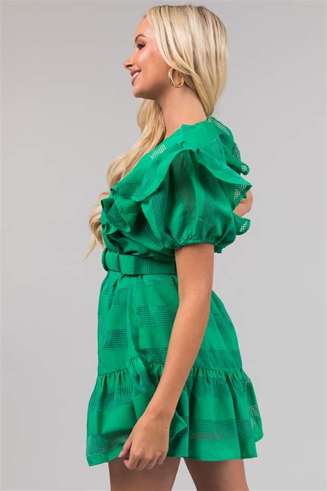 Kelly Green Ruffle Belted Waist Striped Mini Dress Lime Lush Boutique