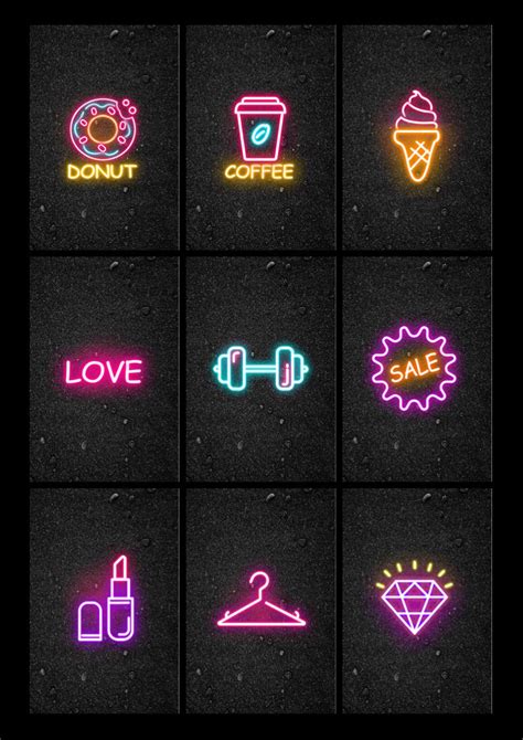 Neon Signs Are Displayed In The Dark With Different Colors And Shapes