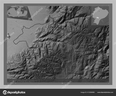 Canar Province Ecuador Grayscale Elevation Map Lakes Rivers Corner