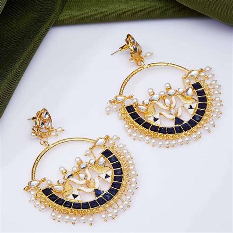 Zerokaata Gold Toned Blue Kundan Meena Studded Brass Earrings Buy