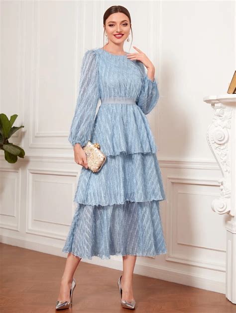 Shein Modely Robe Longue Avec Manches Lanternes Et Ourlet Volants