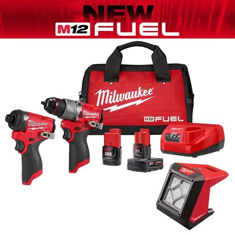 Milwaukee M12 12 Volt Li Ion Cordless Drill Driver Impact Driver Combo Kit W Flood Light Two 1 5