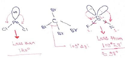 Draw the molecular shapes and predict the bond angles for the following: a. PbCl2 b. CBr4 c. SF2 ...