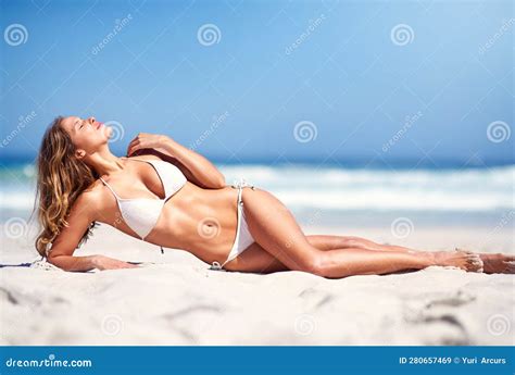 Woman Relax In Bikini On Beach Body In Pose With Nature And Travel