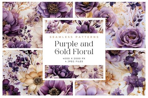 4 Purple and Gold Floral Seamless Patterns