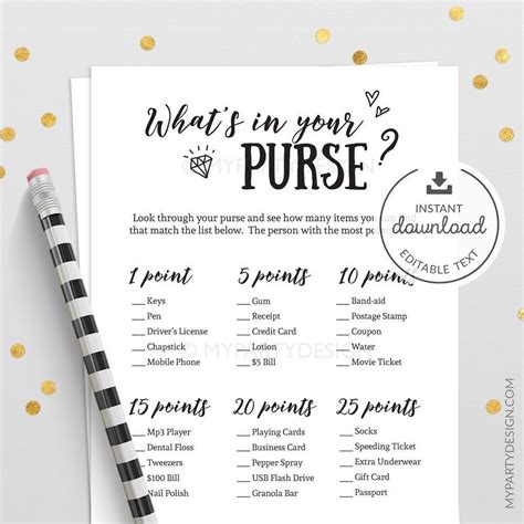 What S In Your Purse Game Wedding Bridal Shower Game Hens