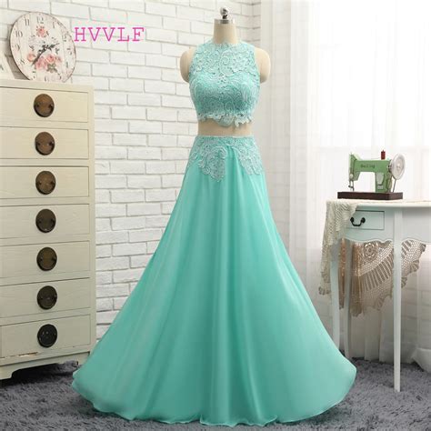 New Mint Green 2018 Prom Dresses A Line High Collar Chiffon Lace Two