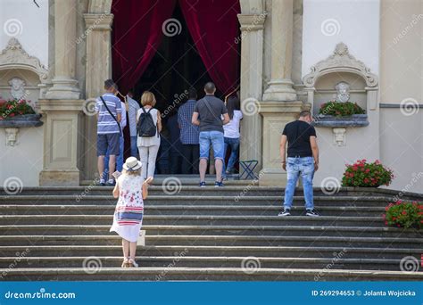 Praying People On The Steps Of The Church During The Holy Mass Kalwaria Zebrzydowska Poland