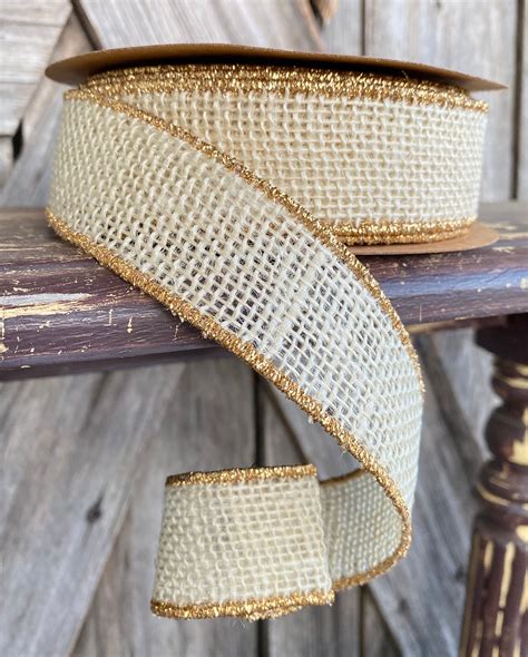 Wired Ribbon 1 5 Inch Ribbon Ivory Burlap With Gold Edge 10Yards