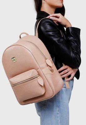 Mochila Feminina Media Forrada Lisa Zíper Casual Moderna Nude Compre