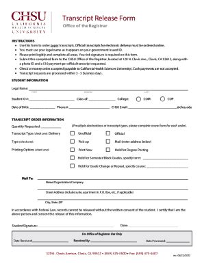 Fillable Online Transcript Release Form California Health Sciences