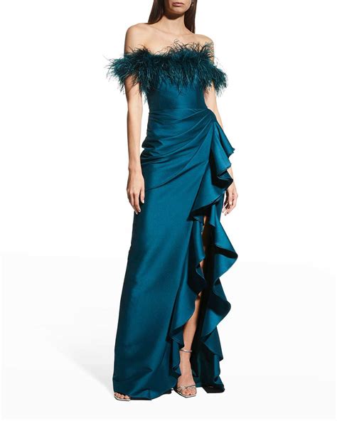 Buy Badgley Mischka Feather Trim Off Shoulder Ruffle Gown At 52 Off