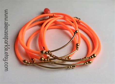 Neon Orange Soft Rubber Bracelet Set With Gold Plated Charms Etsy