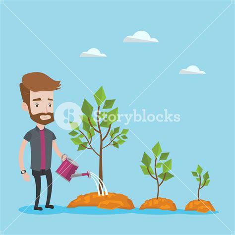 A Hipster Man With The Beard Watering Trees Of Three Sizes Young