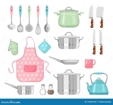 Set Of Kitchen Utensils Cooking Tools In Cartoon Simple Flat Style