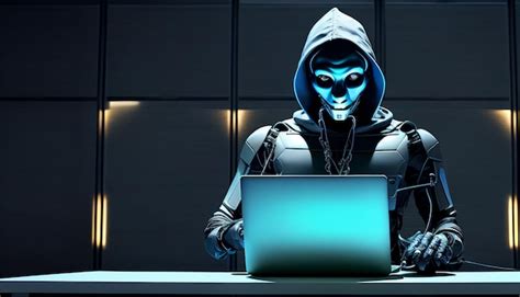 Anónimo Robot Hacker Escribiendo Computadora Portátil Concepto De Piratería Ciberseguridad