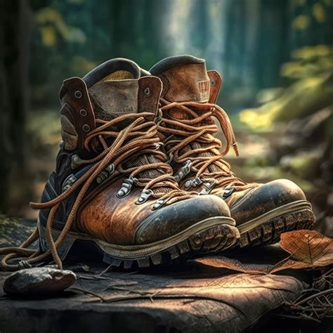 Premium Photo A Pair Of Hiking Boots Are Tied Up On A Rock In The Woods