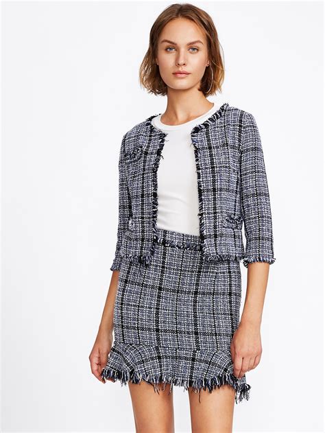 Frayed Tweed Blazer And Skirt Set Sheinsheinside