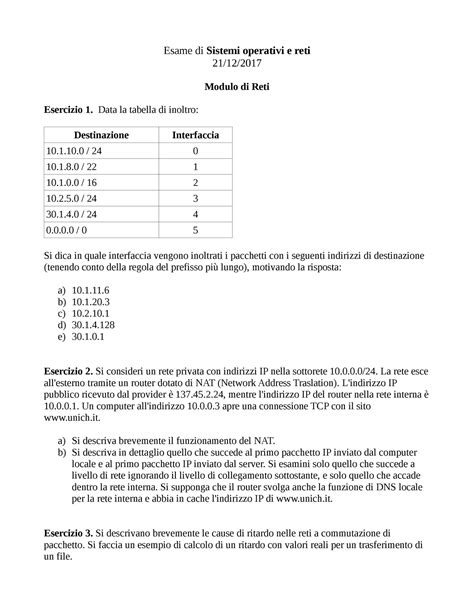 Esame Di Sistemi Operativi E Reti Modulo Di