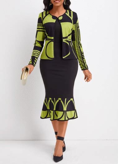 Rotita Mermaid Geometric Print Avocado Green Two Piece Suit Dress And