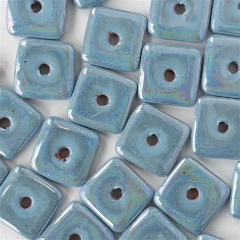 17mm Glazed Ceramic Square Tiles Iridescent Light Blue 4 Beads Funkyprettybeads