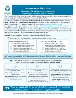 Fillable Online Claim Form Representative First Nations Drinking