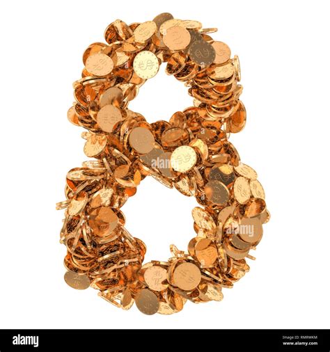 Number 8, from golden dollar coins. 3D rendering isolated on white ...