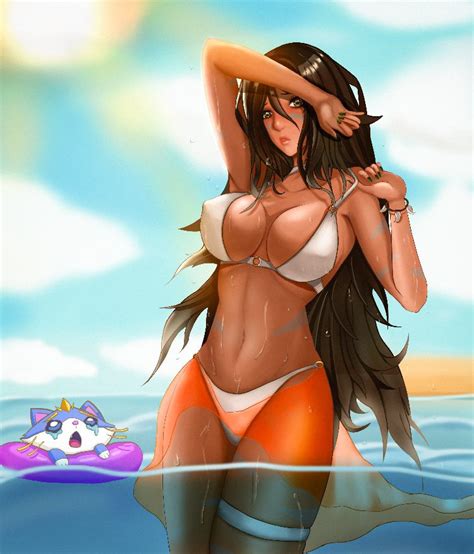 League Of Legends Game Porn Wet Black Hair Water Orange Eyes