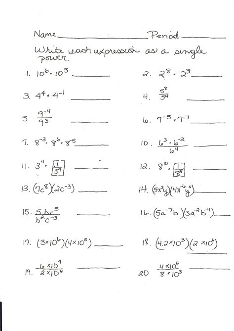 Exponents And Powers Class Worksheets