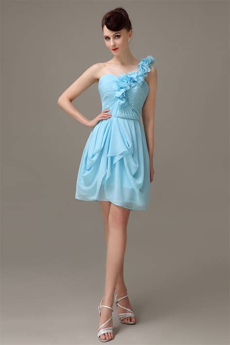 Sky Blue One Shoulder Short Simple Chiffon Junior Bridesmaid Dress