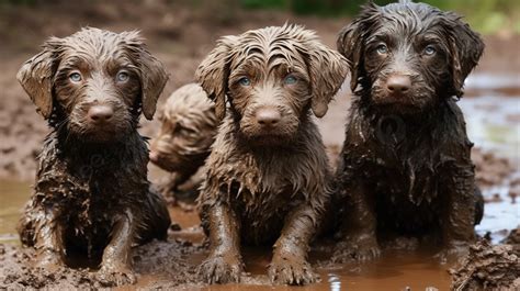 Three Brown Puppies Are Muddy Background Picture Of Mud Puppies