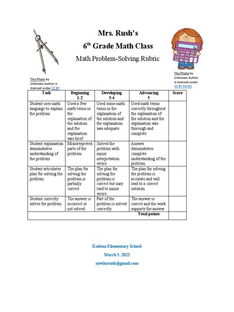 6th Grade Math Rubric Pdf