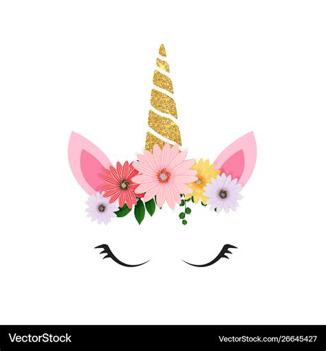 Cute Unicorn Head And Eyes With Flower Royalty Free Vector