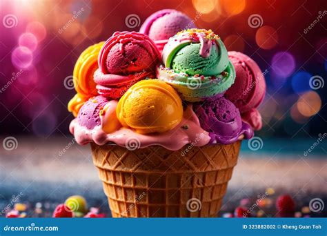 Big Colorful Rainbow Ice Cream In Cone Stock Illustration