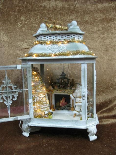 Ooak Christmas Vignette In A Beautiful Metal Lantern In Whites Etsy