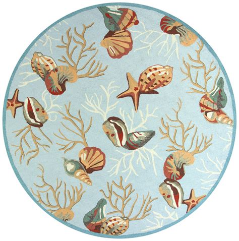 Light Blue Coral Reef Wool Hooked Rug Carons Beach House