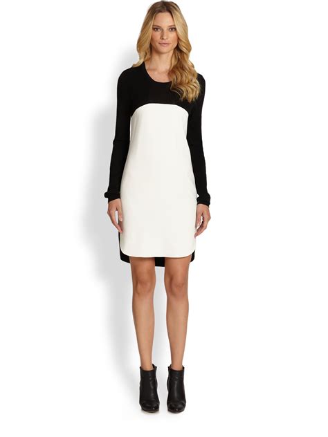 Dkny Long Sleeve Color Block Dress In White Black White Lyst