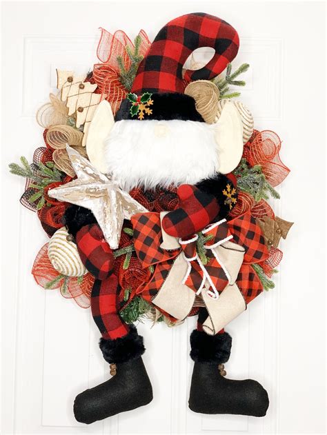 Buffalo Plaid Rustic Elf Christmas Wreath Elf Christmas Decor Rustic