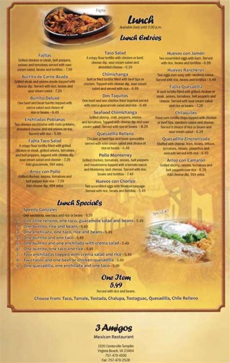 3 Amigos Mexican Restaurant In Great Bridge Menu In Chesapeake Virginia Usa