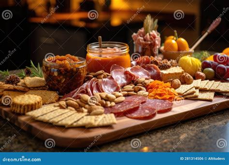 Tablero De Embutidos Con Galletas De Carnes Curadas Y Nueces Stock De