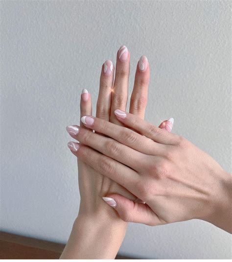 Nude Nails With White Details White Swirl And French Short Nails I