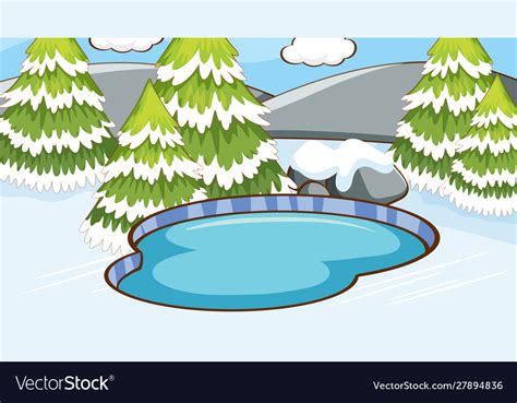 Scene With Pine Trees And Pond In Winter Vector Image