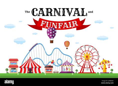 Carnival Funfair Banner Amusement Park With Circus Carousels Roller