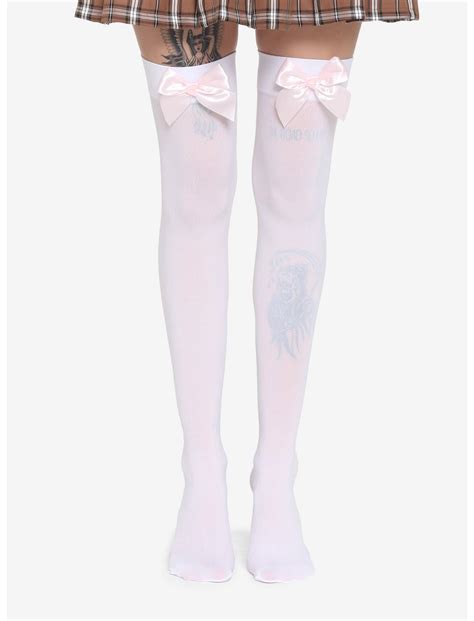 White Opaque Satin Bow Thigh Highs Hot Topic