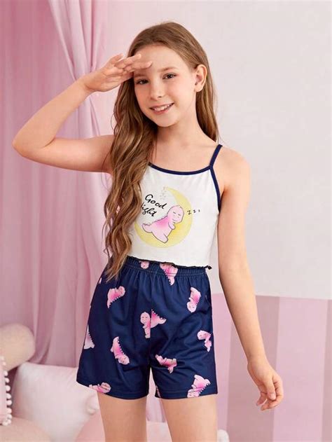 Tween Girl Cartoon Graphic Contrast Binding Cami Top Shorts PJ Set