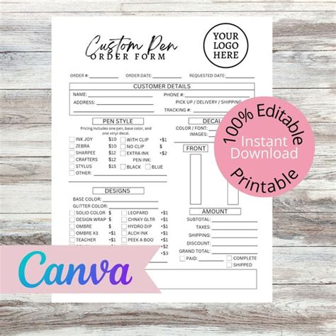 Editable Pen Order Form Template Canva Forms Custom Pen - Etsy